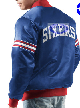 私藏正品费城76人经典蓝色缎面夹克棉服bf大码棒球服M码XL码XXL码