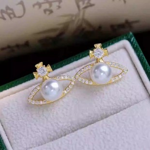 DIY珍珠配件 9MM S925纯银星球耳环半成品耳钉金银色耳饰空托女6