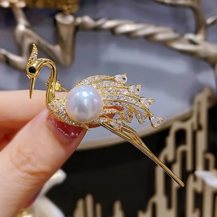 DIY配件 中式国风丹顶鹤胸针女铜微镶锆石厚镀金别针珍珠胸花空托