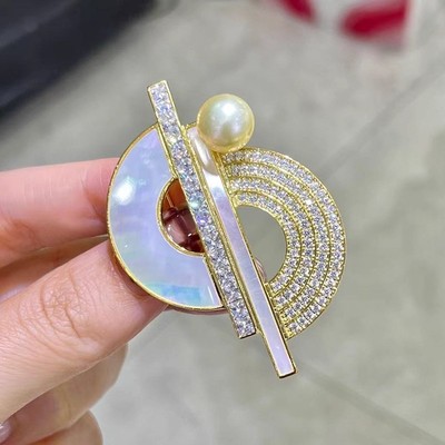 DIY配件 新品高档双彩虹天然贝壳胸针铜镀金锆石别针珍珠胸花空托