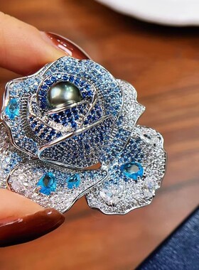 DIY配件 高档渐变蓝色锆石玫瑰花胸针铜镀金时尚别针珍珠胸花空托