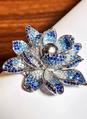 DIY配件 高级感渐变蓝色锆石莲花胸针铜镀金荷花别针珍珠胸花空托