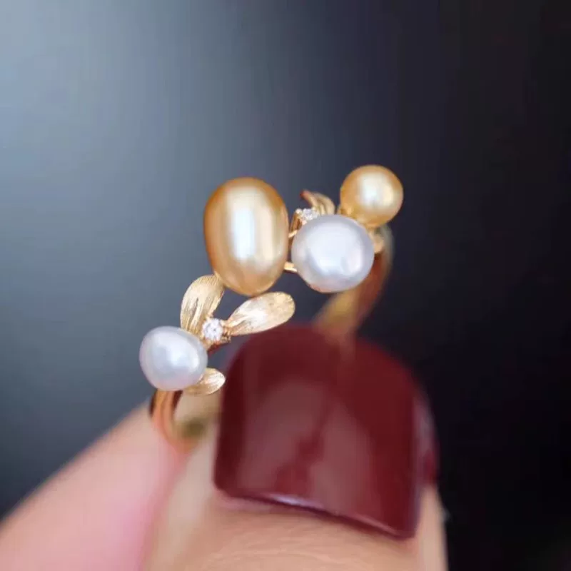 DIY珍珠配件S925纯银多珠叶子款开口戒指半成品托配饰指环4-7MM女