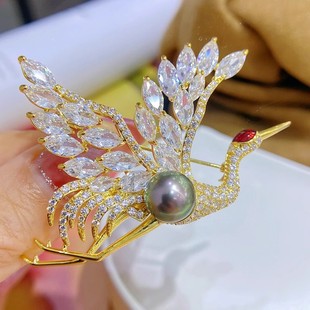DIY配件 国风丹顶鹤胸针女铜微镶锆石厚镀金西装别针珍珠胸花空托