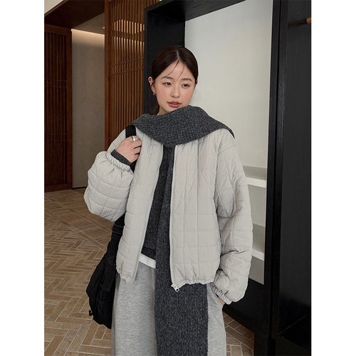 THXGIVING 休闲风格子绗缝夹棉抽绳宽松棒球棉服外套女2025冬季