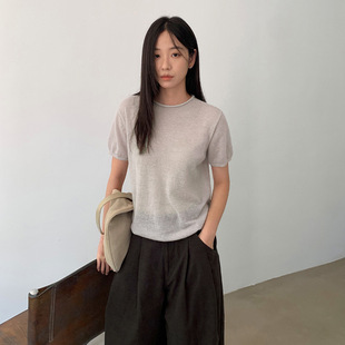 THXGIVING 简约百搭显瘦纯色套头短袖毛衣女2025秋季新韩系针织衫