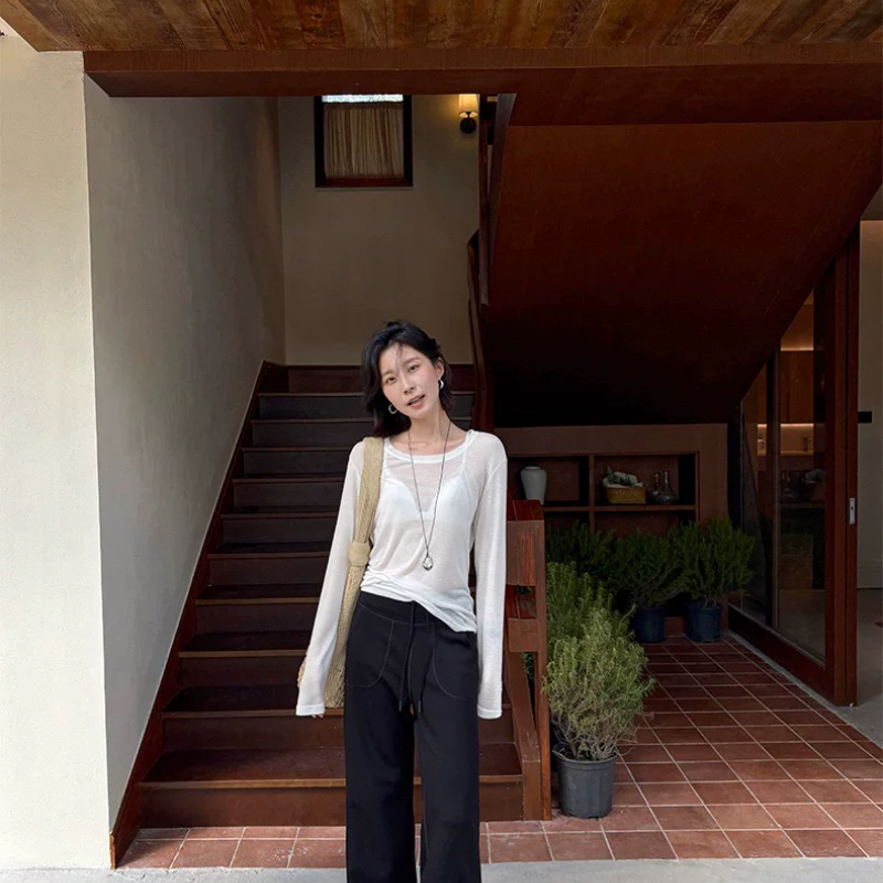 THXGIVING 漫画腿泡芙裤 藏肉修身弹力舒适直筒长裤女2026夏新款