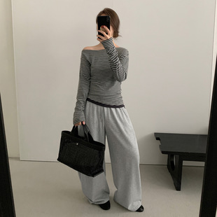 THXGIVING韩版不对称斜领露肩条纹长袖T恤女2025秋季新款显瘦上衣