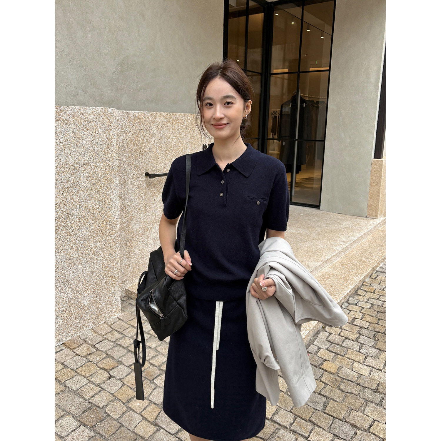 THXGIVING省心智感穿搭 短袖POLO衫女直筒半裙针织羊毛套装2026春