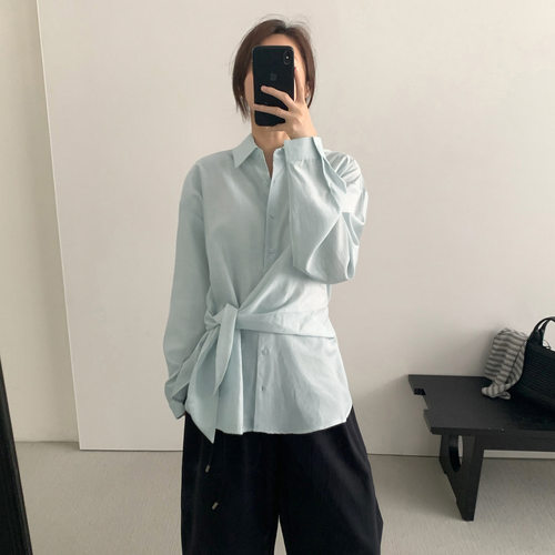 THXGIVING通勤百搭侧绑带收腰显瘦翻领衬衫女2025秋新款百搭上衣
