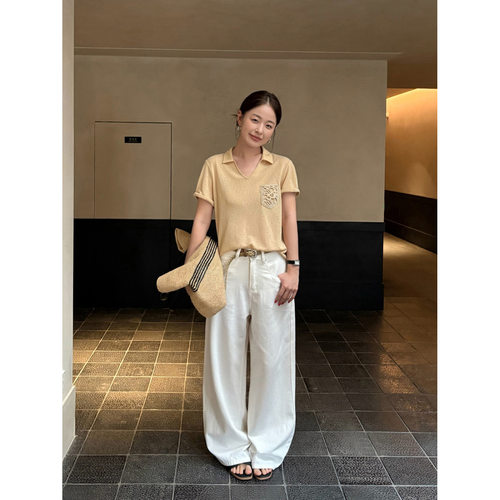 THXGIVING 通勤老钱风 镂空口袋POLO领卷边短袖休闲T恤女2026夏款