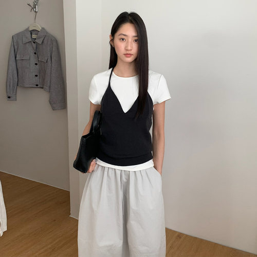 THXGIVING韩系叠搭外穿绑带挂脖背心针织衫女2025秋季新显瘦上衣