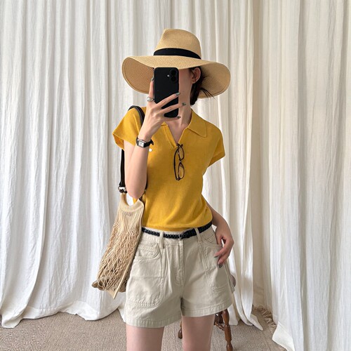 THXGIVING精致通勤感经典Polo领V型领口落肩小飞袖针织衫2026夏女