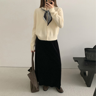 THXGIVING 高级复古丝绒直筒显瘦松紧高腰半身裙女25秋季新款长裙