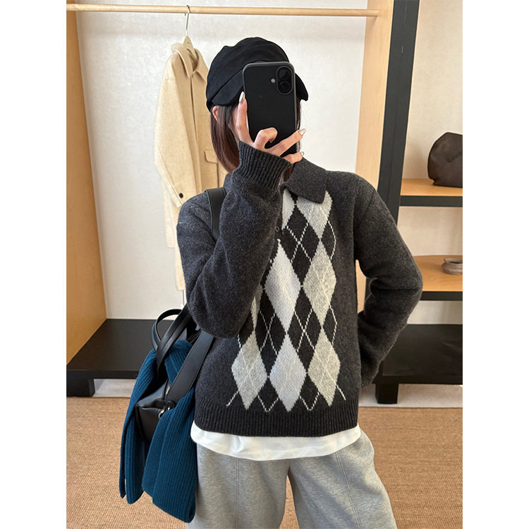 THXGIVING学院画报 经典复古全羊毛菱格POLO衫毛衣女2025冬季新款