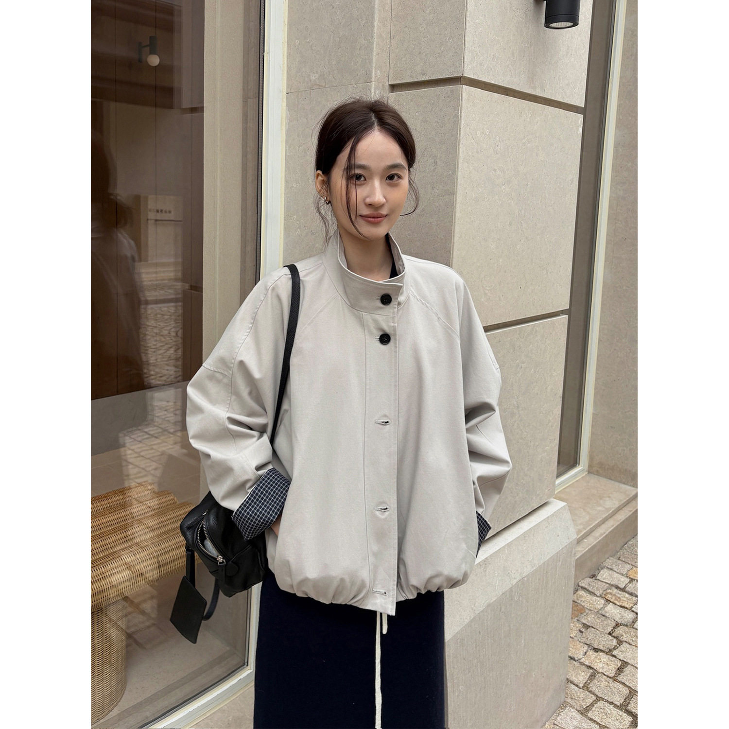 THXGIVING首尔晚风 通勤格纹袖口拼接立领挺括系扣外套女2026春款
