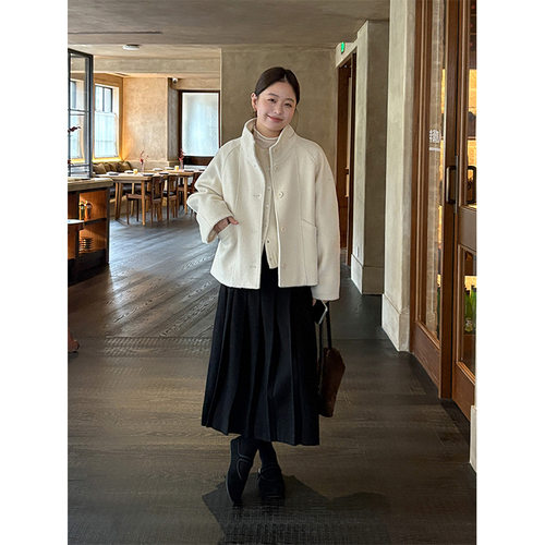 THXGIVING 气质通勤百搭毛呢裥棉外套女2025冬季新宽松立领厚上衣