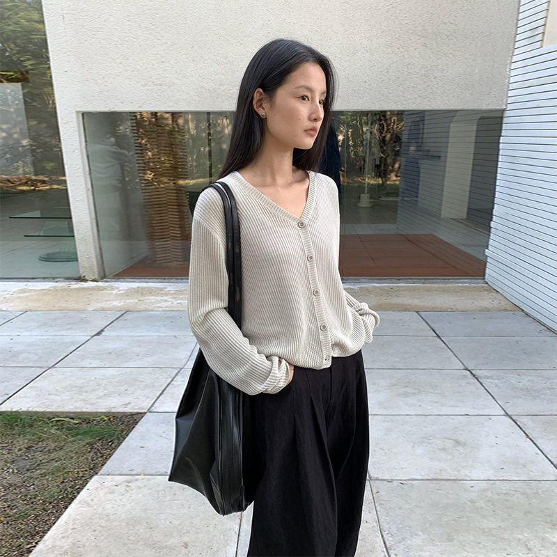 THXGIVING 纯色螺纹单排扣针织衫女2025春季新款后系带设计上衣