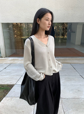 THXGIVING 纯色螺纹单排扣针织衫女2025春季新款后系带设计上衣