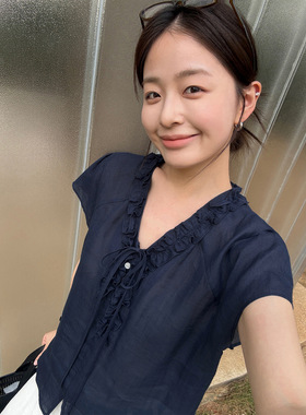 THXGIVING轻松度假木耳花边V领甜美文艺苎麻凉感系带衬衫2026夏女