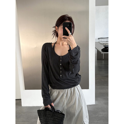 THXGIVING温柔又撩人 亲肤抗皱挂脖绑带假两件小衫女2026春夏新款