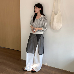 长袖 THXGIVING韩版 新款 休闲条纹U领套头针织POLO衫 毛衣 女2025秋季