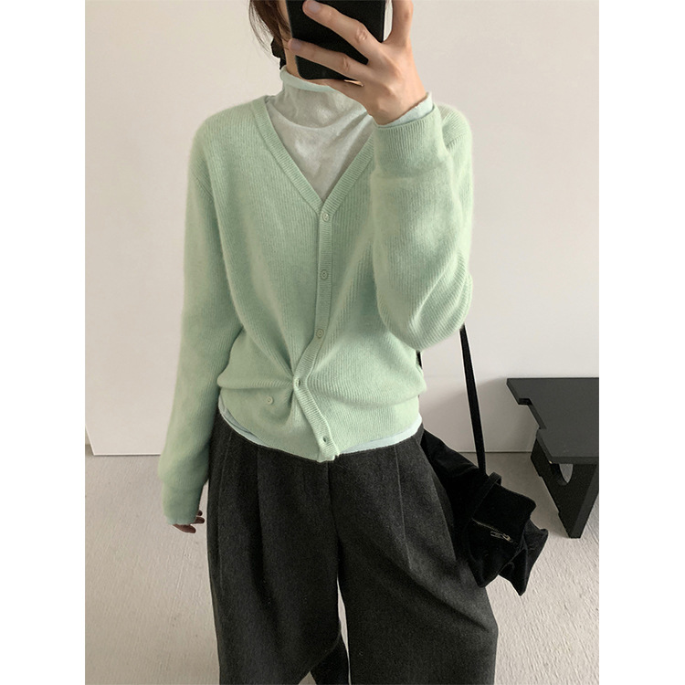 THXGIVING多巴胺色系简约针织V领开衫女2025秋冬新款侧扣显瘦毛衣