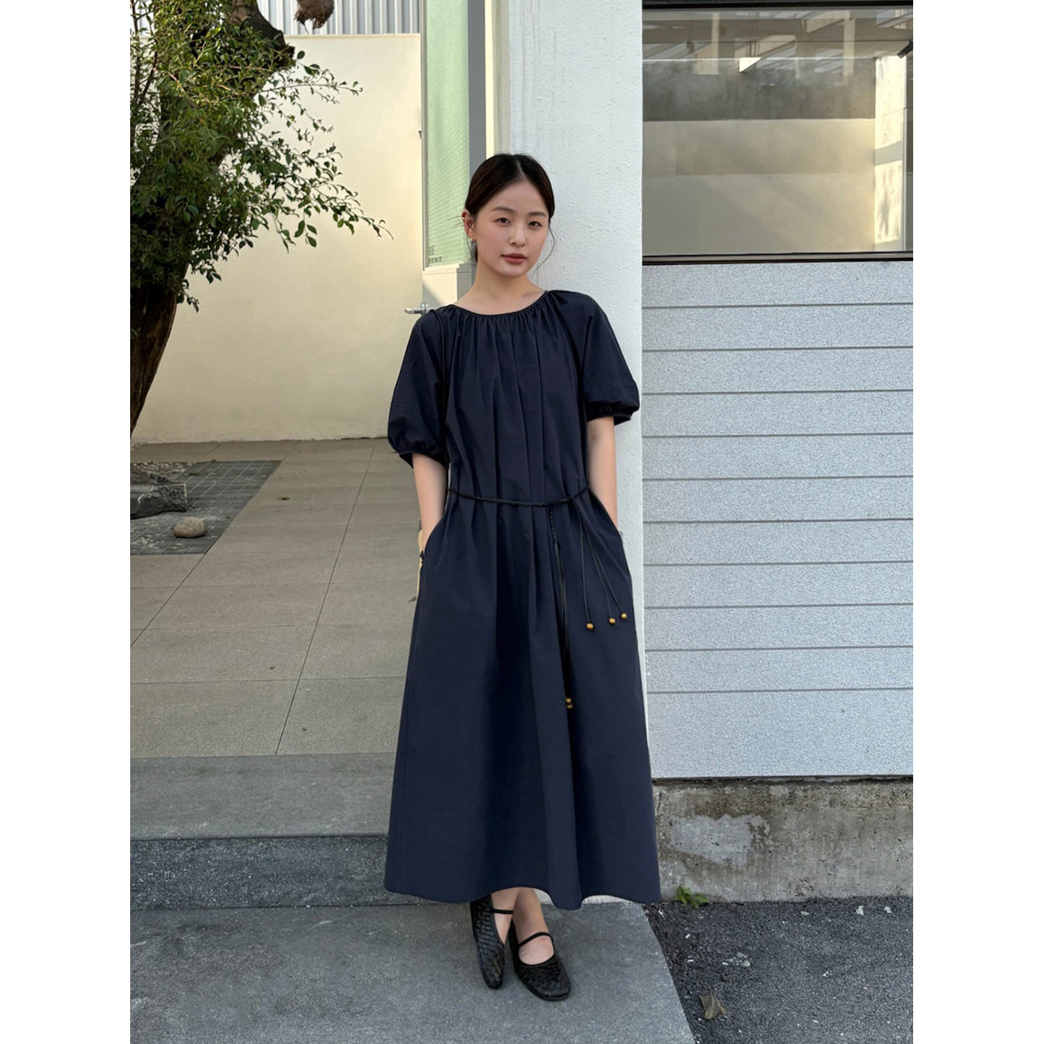 THXGIVING海街日记 纯棉泡泡袖镂空连衣裙2026夏日松弛感长裙女