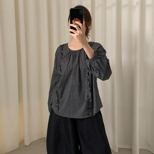 THXGIVING 法式浪漫木耳边格子衬衫女2025秋季新款宽松套头上衣