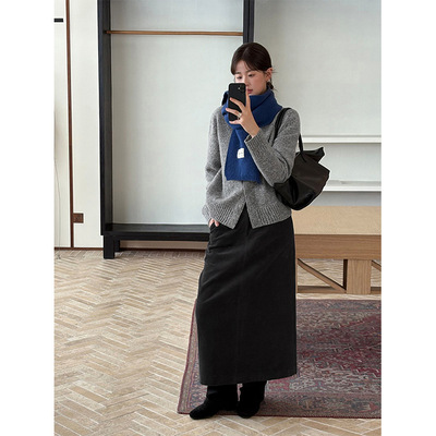 THXGIVING气质复古显瘦灯芯绒直筒半身裙女2025秋冬季后开叉长裙