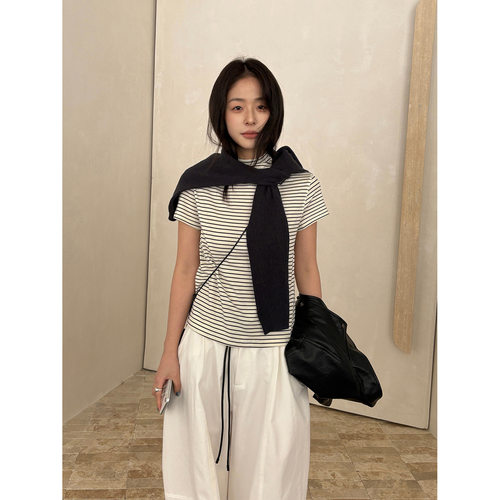 THXGIVING经典不过时弹性舒适感条纹净版半高领T恤女2026春款上衣