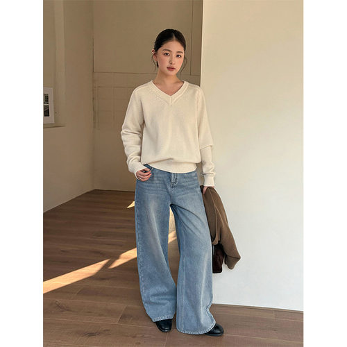 THXGIVING 复古蓝调做旧洗水直筒宽松显瘦加绒牛仔裤女2025冬季