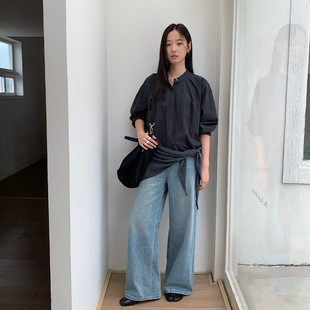 THXGIVING 圆领通勤百搭棉衬衣女2025秋季新款长袖宽松暗扣开衫