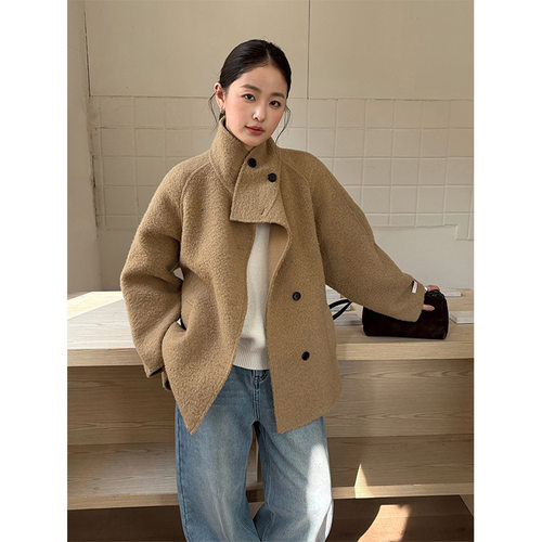THXGIVING 冬季氛围感圈圈羊毛双面呢外套女2025新立领中长款大衣