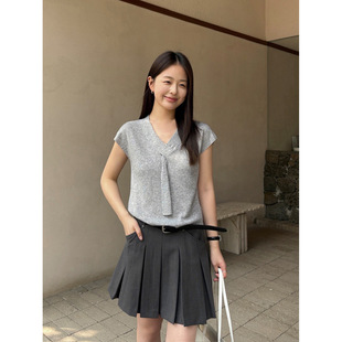 THXGIVING温柔精致感V领飘带落肩无袖羊毛混纺亲肤针织衫女2026春