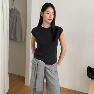 THXGIVING小包袖显瘦气质简约圆领修身针织T恤女2025初秋百搭新款