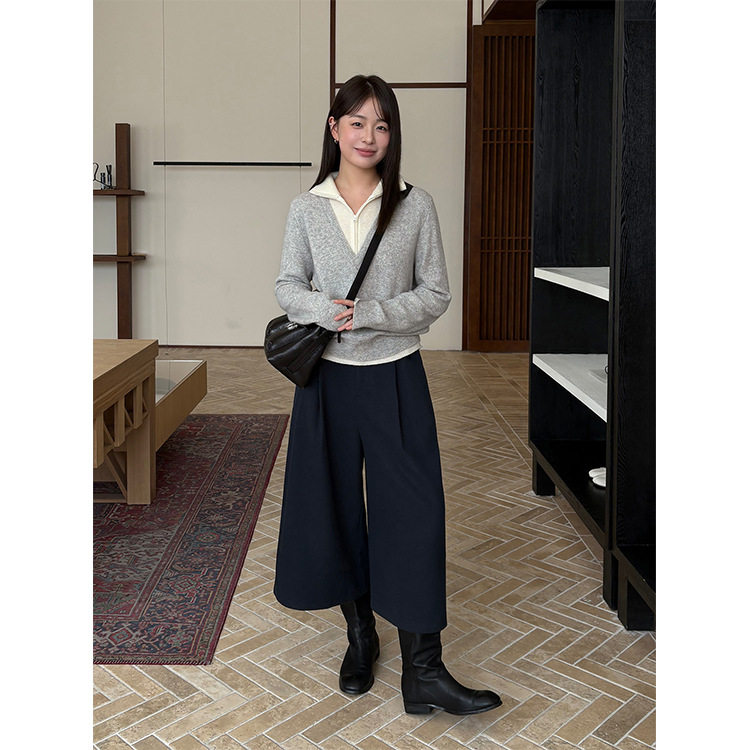 THXGIVING时髦配腰包宽筒A字毛呢裤女2025冬季新款压褶阔腿七分裤