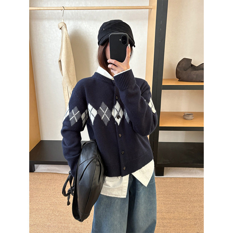 THXGIVING复古常青藤 羊毛混纺菱格圆领毛衣厚开衫女2025冬季新款