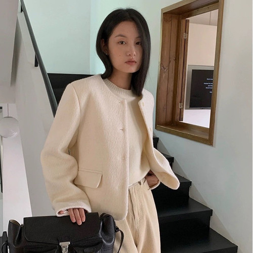 THXGIVING 复古感毛呢短款外套女2025冬季新款韩版圆领垫肩上衣