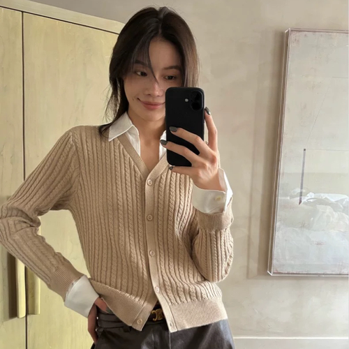 THXGIVING 时髦书呆子 衬衫领假两件叠穿感绞花针织衫女2026秋冬