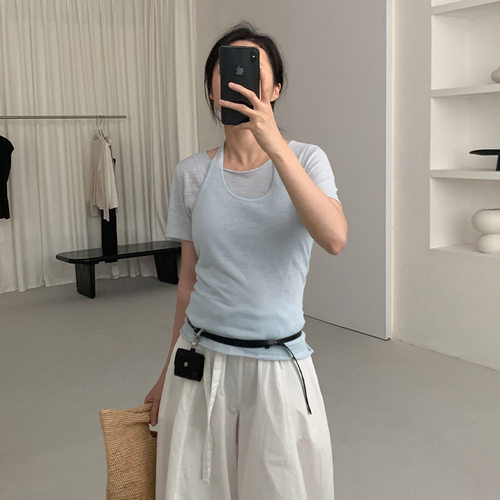 THXGIVING 抗起球针织衫两件套女2025夏季挂脖背心叠穿短袖上衣
