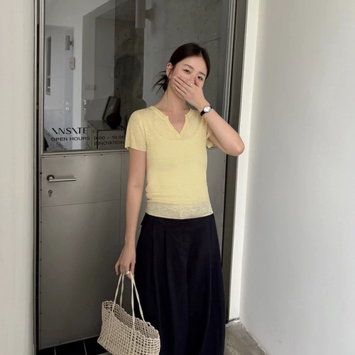 THXGIVING休闲日记 修身显瘦小V领细坑条短袖针织T恤女2026夏新款