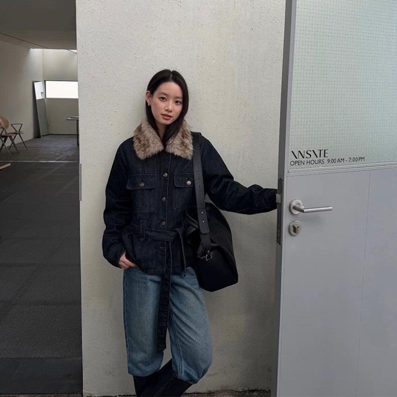 THXGIVING 游牧丹宁 可拆毛领夹棉保暖牛仔外套女2026冬收腰棉服