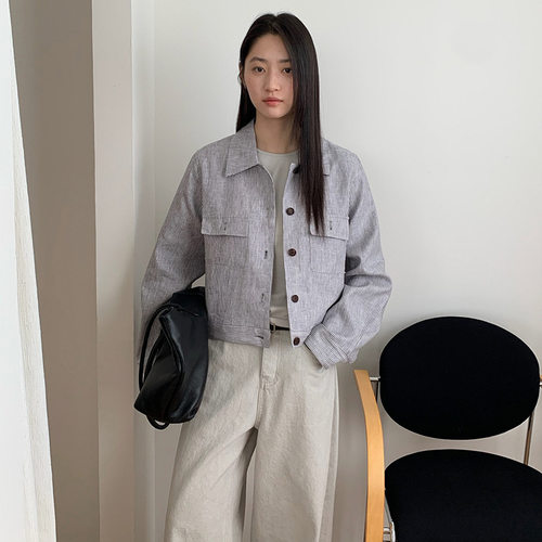 THXGIVING 有腔调条纹亚麻夹克工装外套女2025秋季新款系扣上衣