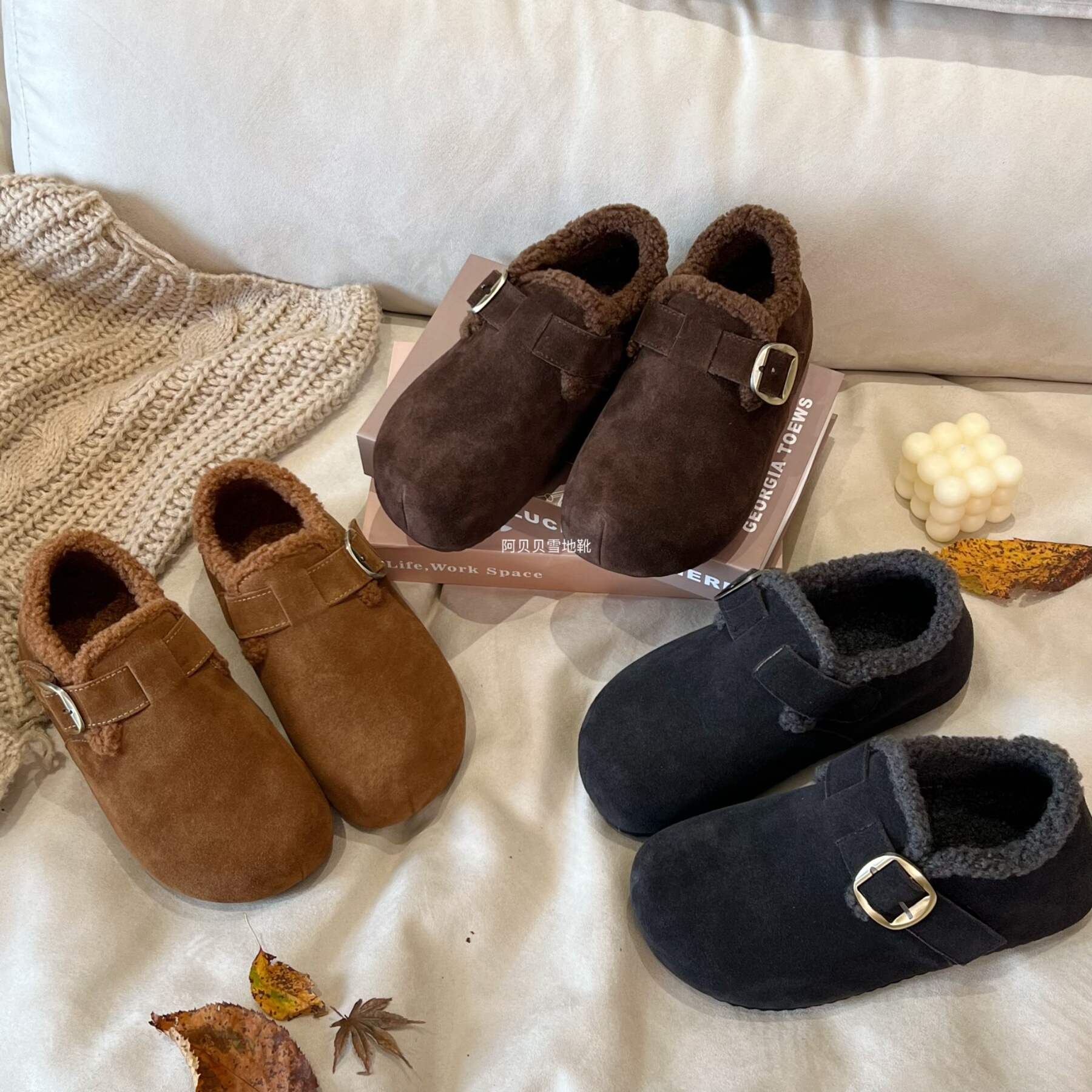 「BYBY」真皮复古圆头休闲单鞋女2025秋冬毛毛加绒一脚蹬勃肯鞋女