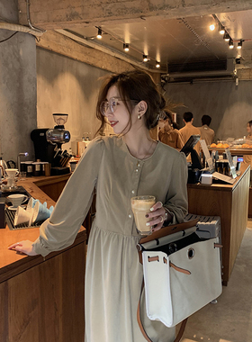 圆领灯芯绒连衣裙女2025年春季复古气质收腰中长款裙子长袖长裙