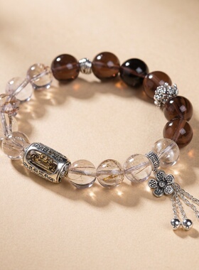 天然黑金超七水晶串珠手链女时尚通勤经文金刚杵冰曜石手串首饰