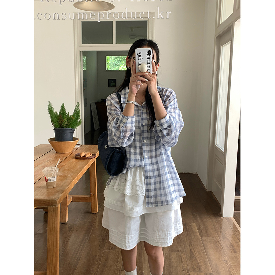 琪宝广州黄峥韩版服饰夏日蓝色格子长袖衬衫女宽松防晒衫中长款