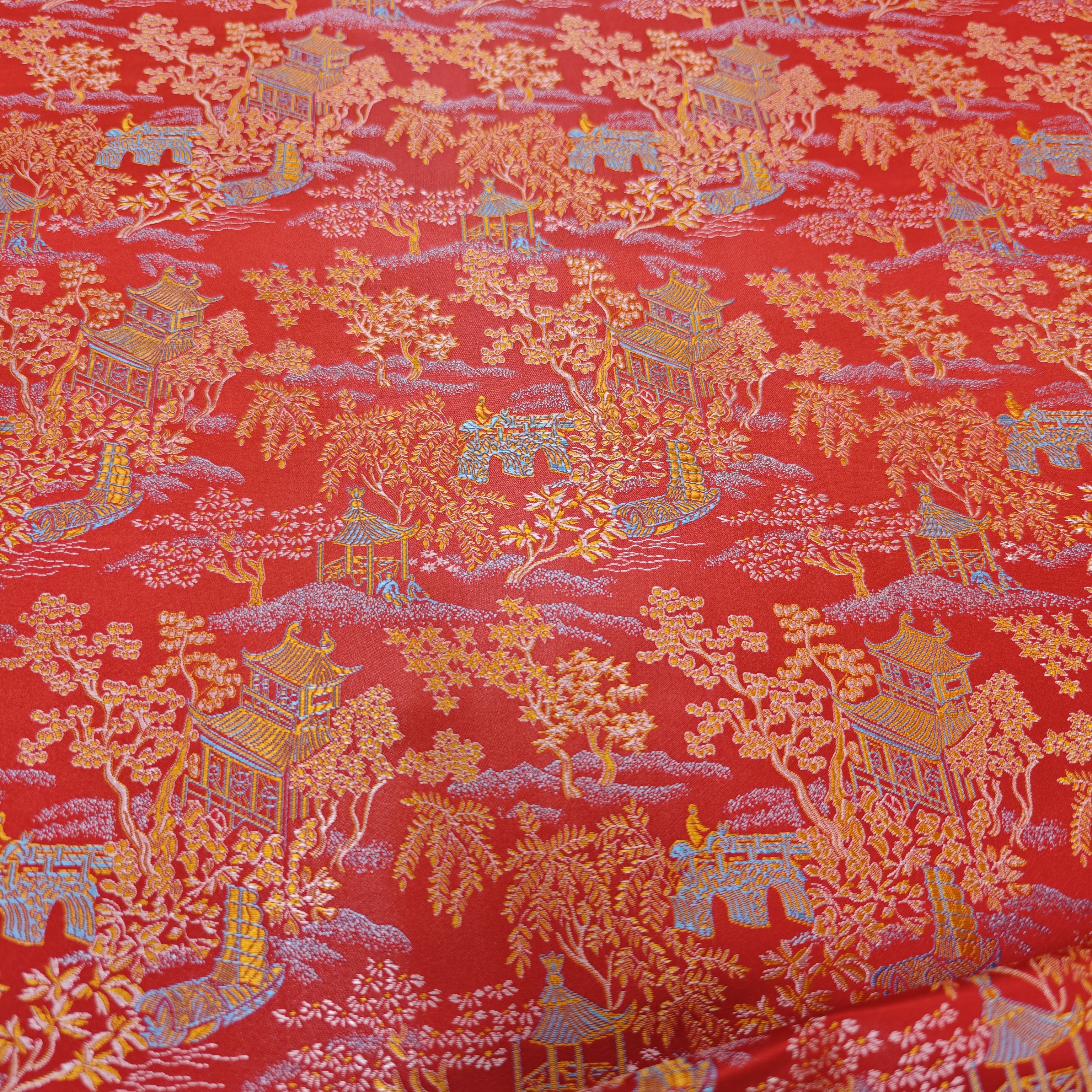 大红亭台楼阁国风旗袍童装娃绸缎布料装饰手工提花织锦古DIY包装,纺织面料/辅料/配套,丝绸布料,淘宝优惠券,粉丝福利购,淘宝优惠卷