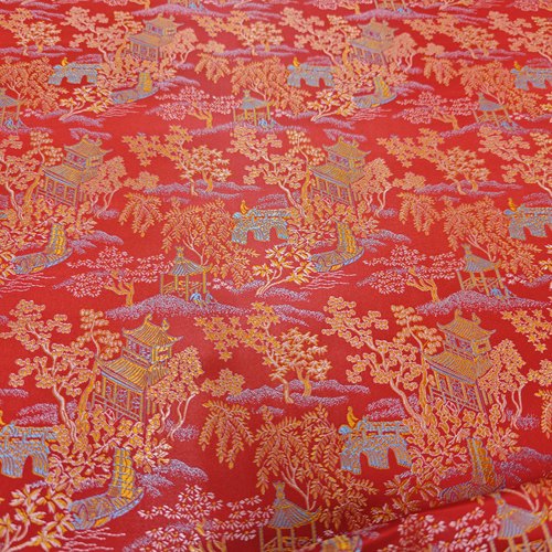 大红亭台楼阁国风旗袍童装娃绸缎布料装饰手工提花织锦古DIY包装